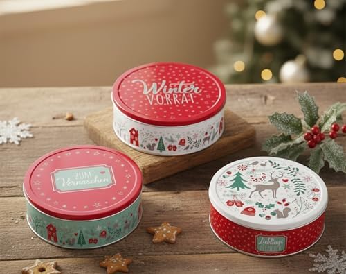 KAMACA 3er Set Keksdosen aus Metall mit Deckel – Praktische Plätzchen Aufbewahrung für Weihnachten, Advent und Winter