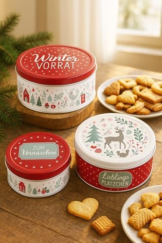 KAMACA 3er Set Keksdosen aus Metall mit Deckel – Praktische Plätzchen Aufbewahrung für Weihnachten, Advent und Winter