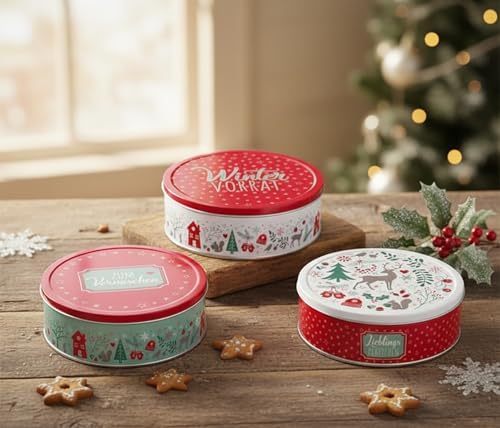 KAMACA 3er Set Keksdosen aus Metall mit Deckel – Praktische Plätzchen Aufbewahrung für Weihnachten, Advent und Winter