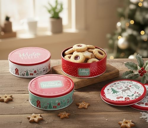 KAMACA 3er Set Keksdosen aus Metall mit Deckel – Praktische Plätzchen Aufbewahrung für Weihnachten, Advent und Winter