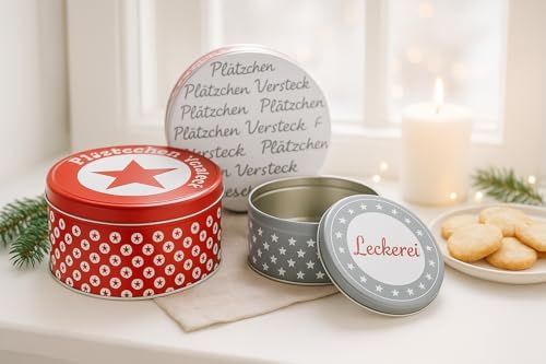 KAMACA 3er Set Keksdosen aus Metall mit Deckel – Praktische Plätzchen Aufbewahrung für Weihnachten, Advent und Winter