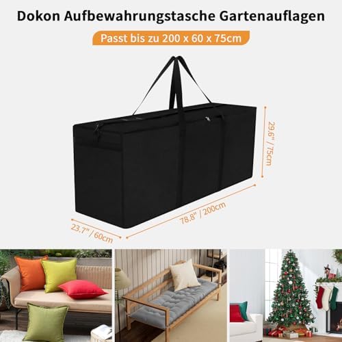 Dokon Aufbewahrungstasche für Gartenauflagen - Wasserdicht & Robust, Ideal für Weihnachtsbaum & Polster (200x60x75cm) -