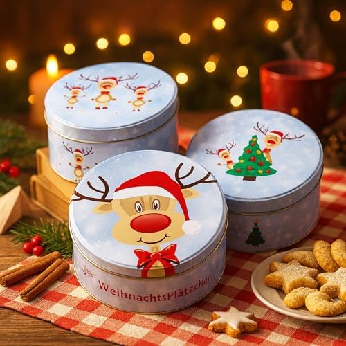 KAMACA 3er Set Keksdosen aus Metall mit Deckel – Praktische Plätzchen Aufbewahrung für Weihnachten, Advent und Winter
