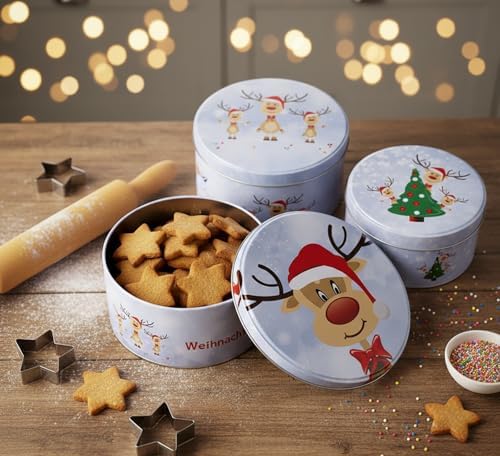 KAMACA 3er Set Keksdosen aus Metall mit Deckel – Praktische Plätzchen Aufbewahrung für Weihnachten, Advent und Winter