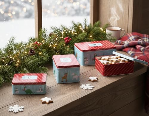 KAMACA 3er Set Keksdosen aus Metall mit Deckel – Praktische Plätzchen Aufbewahrung für Weihnachten, Advent und Winter