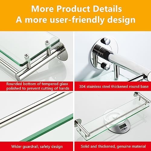 Hochwertiger Edelstahl 304 Glasregal für Badezimmer – 8 mm gehärtetes Glas, 50 cm, wandmontiert und platzsparend