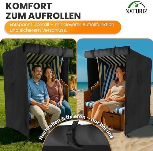 Naturiz® Premium Strandkorb Schutzhülle – Wetterfest & UV-beständig für den Winter – 600D Oxford mit Belüftungsfenstern,