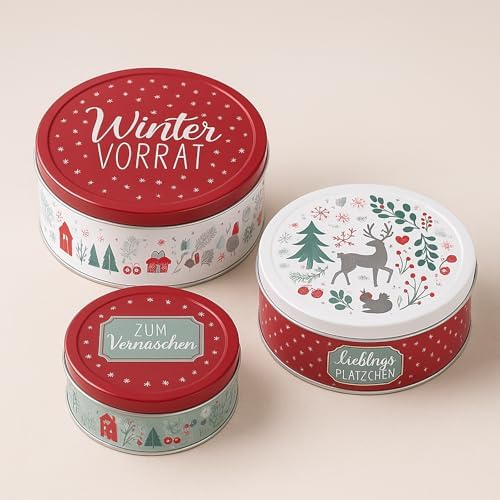 KAMACA 3er Set Keksdosen aus Metall mit Deckel – Praktische Plätzchen Aufbewahrung für Weihnachten, Advent und Winter