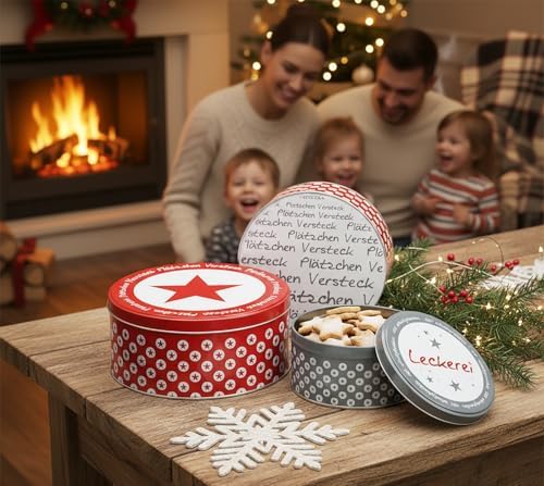 KAMACA 3er Set Keksdosen aus Metall mit Deckel – Praktische Plätzchen Aufbewahrung für Weihnachten, Advent und Winter