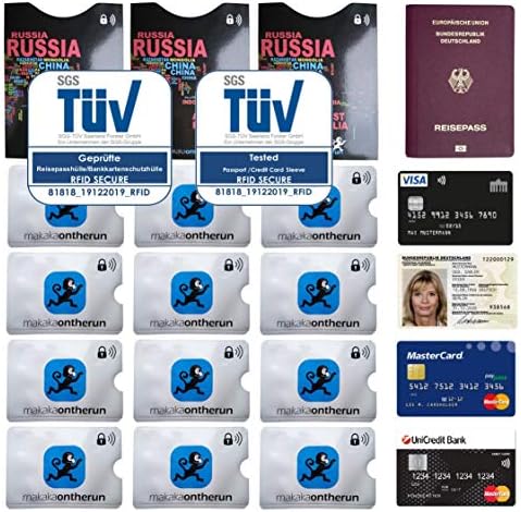 MakakaOnTheRun 15 Stk RFID Blocker Kartenhülle & Reisepass Hülle für sicheren Reisen - TÜV geprüft, ideal für Geldbörsen